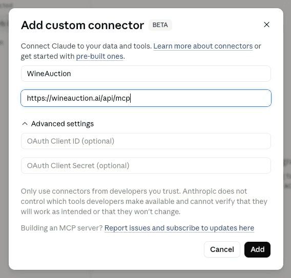 Real Claude custom connector setup screenshot